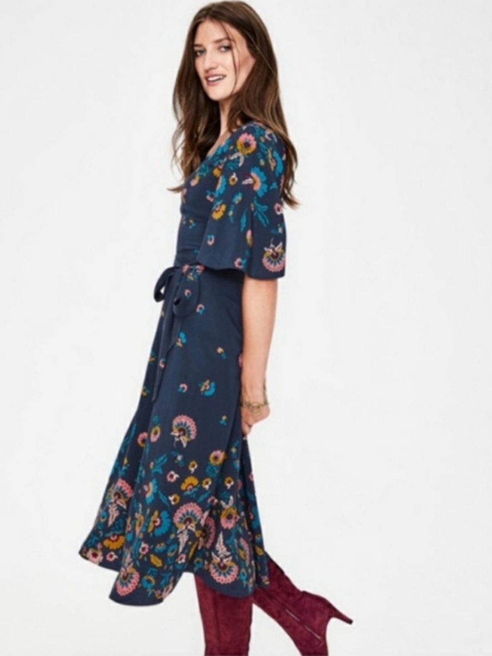Boden Emilie Navy Floral Wrap Midi Dress size 12 Large - Picture 2 of 10